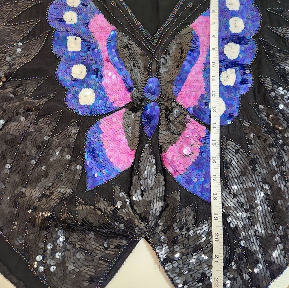 Vintage Sho Max Sequin Butterfly Blouse Black with Pink and Blue Size Small - Picture 10 of 11